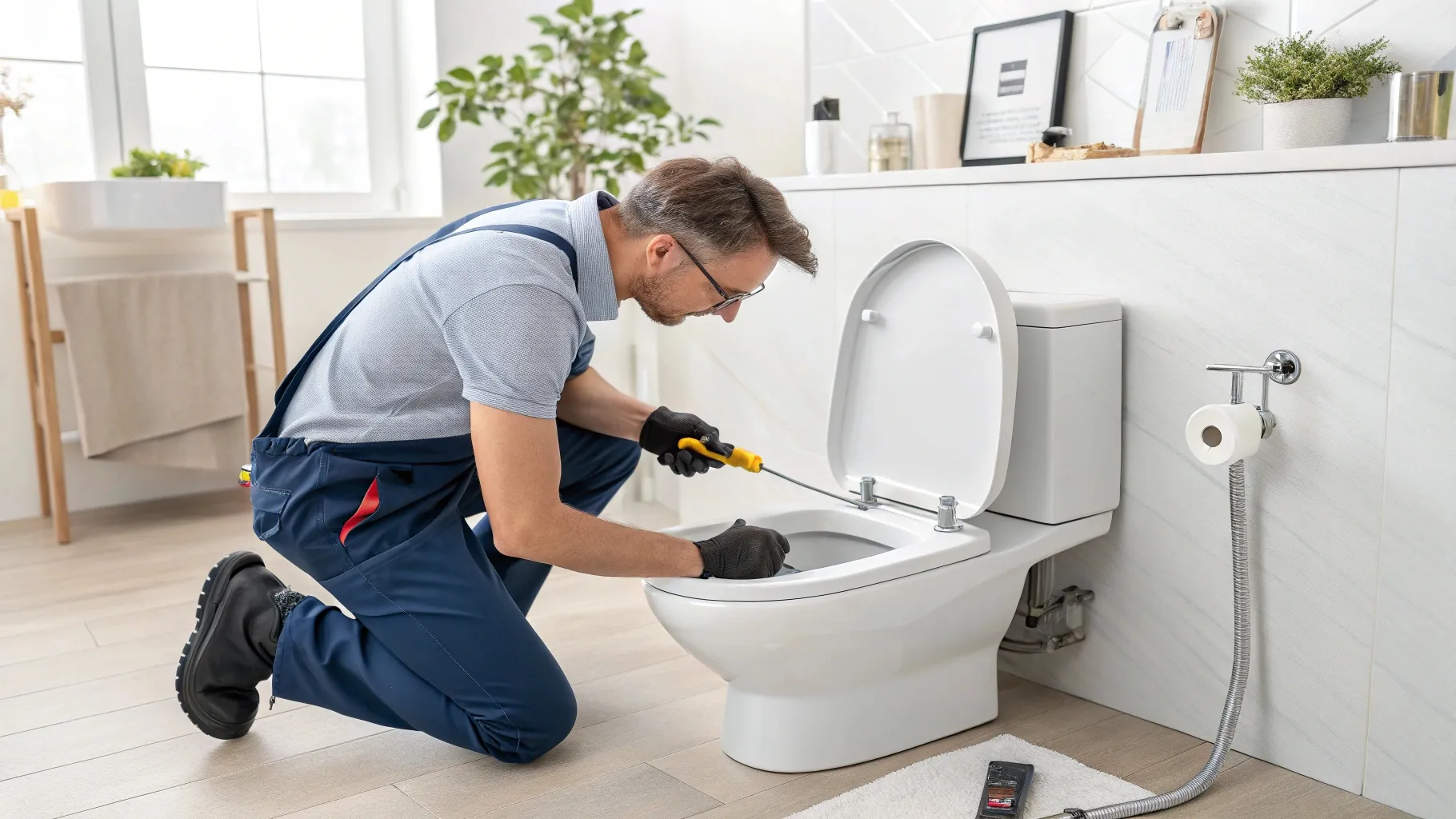 A person installing a bidet toilet seat with simple tools in a bright bathroom