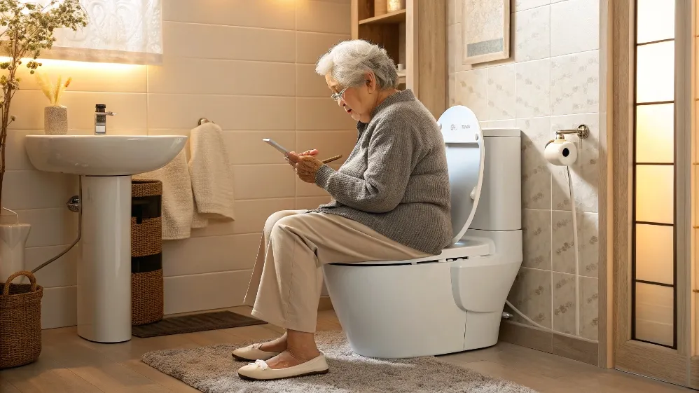An elderly person sitting comfortably on a smart bidet toilet