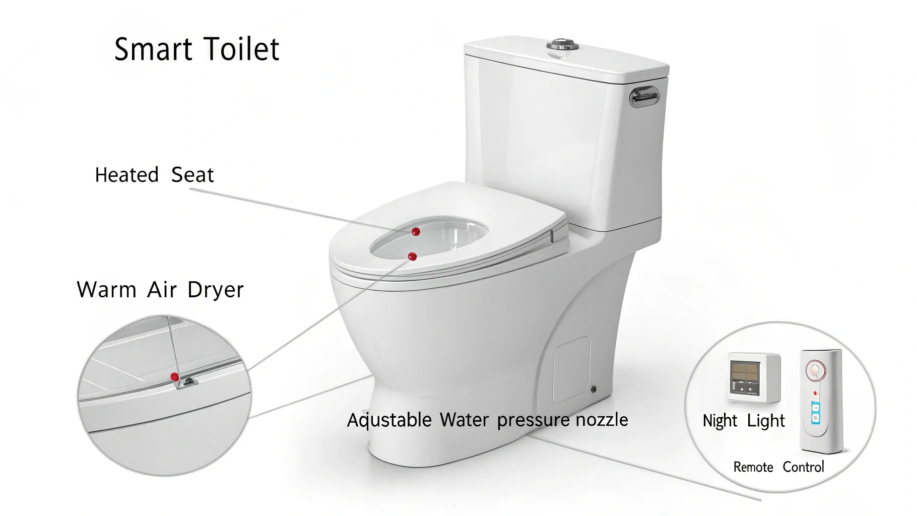 Side-by-side view of smart toilet features: heated seat, warm air dryer, adjustable water pressure, night light, and remote control